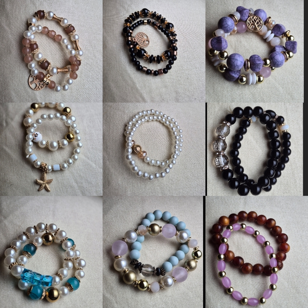 Lot of 18 Beaded Bracelets – Boho Style, Gold Accents, Charms – Bulk Set